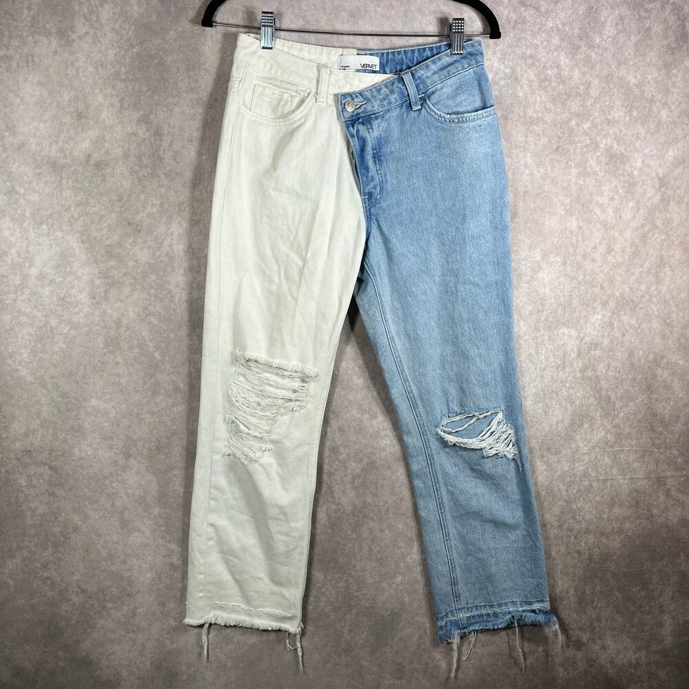 Vervet Criss Cross Waist Jeans 25 Blue White Denim Crop Frayed Hem Button Fly
